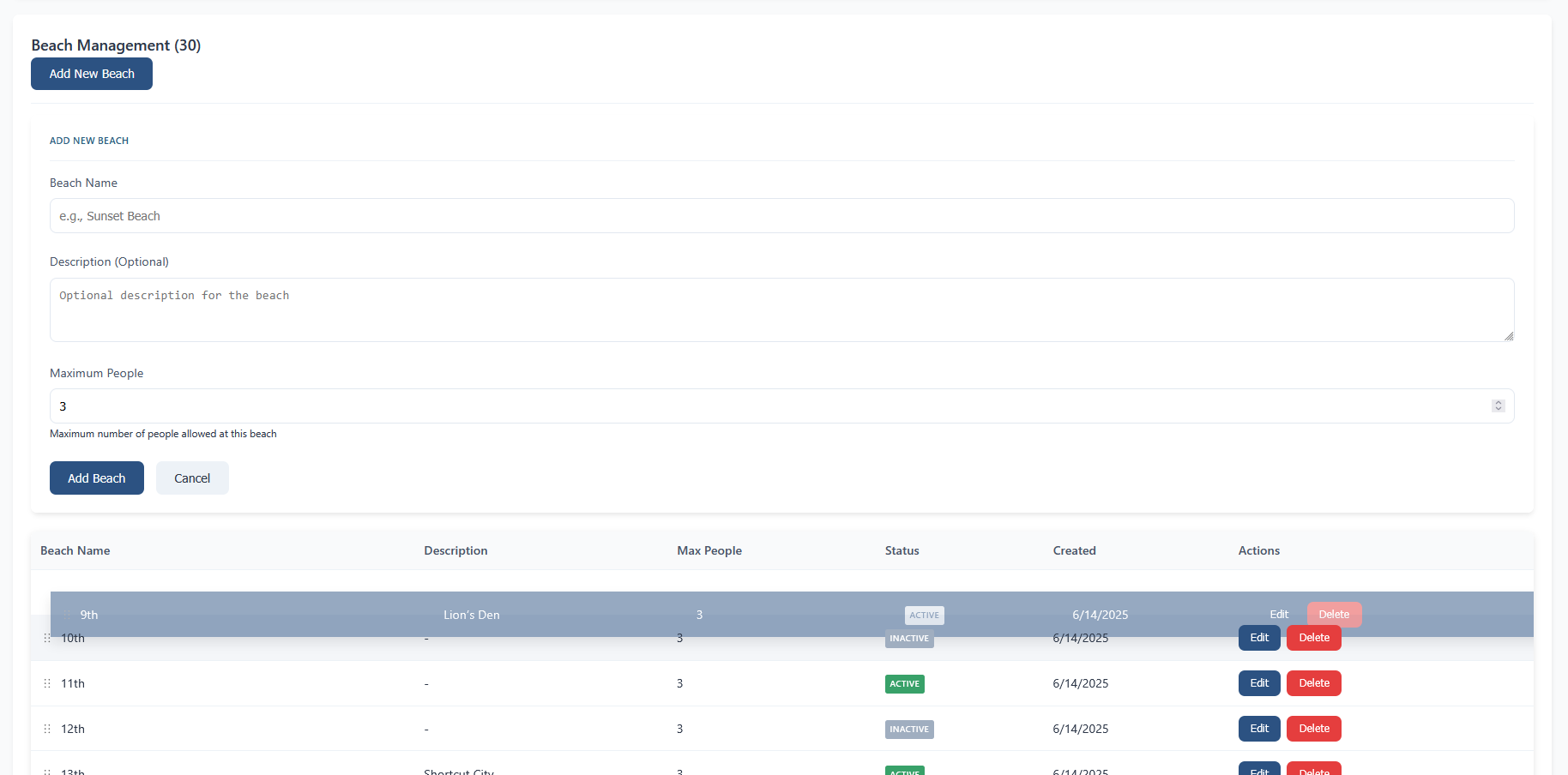 Beaches management with drag-and-drop ordering